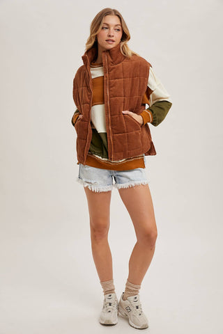 CORDUROY QUILTED PUFFER VEST: ECRU / M