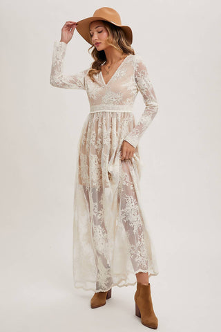 BOHO FLORAL LACE V-NECK MAXI DRESS WITH LINING: ECRU / S