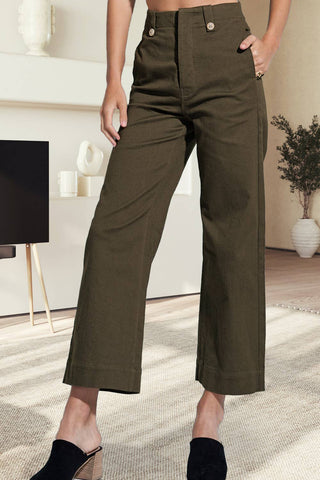 HUP3109-Soft Washed Stretchy High Rise Wide Leg Pants: Olive / M