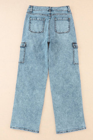 Sky Blue Cool Cargo Style Wide Leg Jeans: Sky Blue / 12 / 71.5%Cotton+25%Polyester+2%Viscose+1.5%Elastane