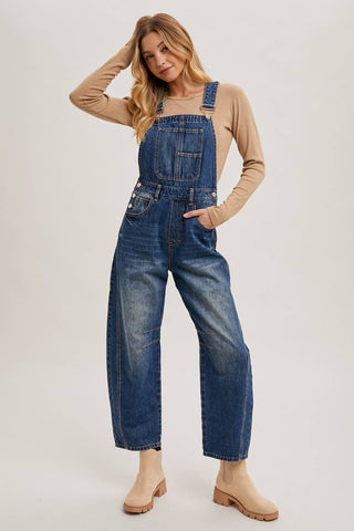 DENIM BARREL OVERALLS: DK.WASH / M