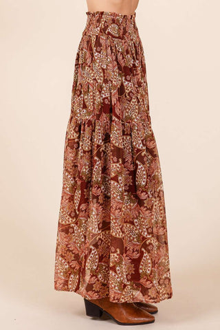 BOHO PAISLEY PRINT SMOCKED WAIST MAXI SKIRT: RED BROWN / L