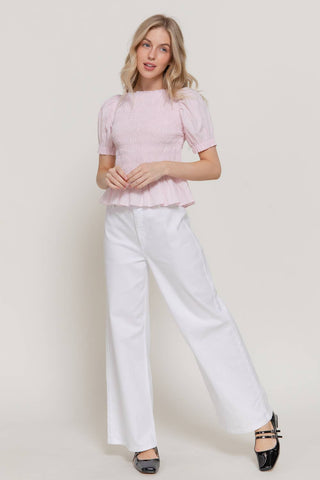 Short Puff Sleeve Smocked Detail Woven Top