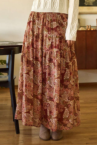 BOHO PAISLEY PRINT SMOCKED WAIST MAXI SKIRT: RED BROWN / M