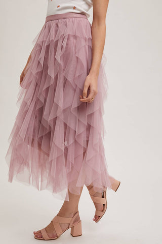 SPRIAL RUFFLED TULLE MIDI SKIRT: PLUM / M