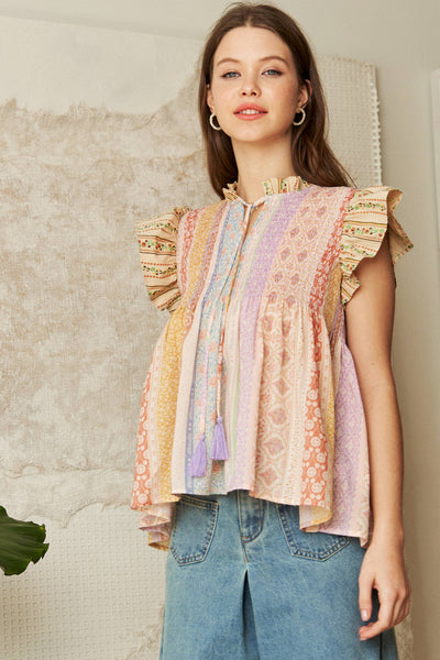 MIXED WALLPAPER PRINTED FLUTTER SLEEVE TOP: S / WINE MULTI