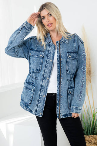 Stone Washed Anorak Jacket w/ Aztec Embroidery