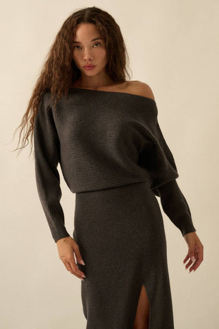 Rib-Knit One-Shoulder Dolman Midi Sweater Dress