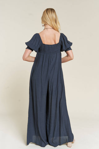 Smoked Neck WIDE LEG JUMPSUIT - JJS5034 (Plus available): NAVY / XL