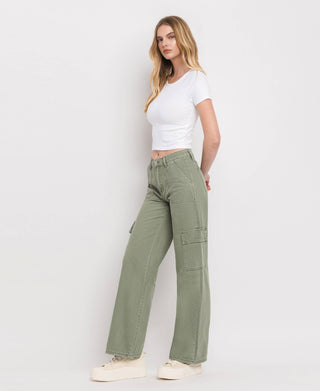 HIGH RISE UTILITY CARGO WIDE LEG JEANS  T5823AG: ARMY GREEN / 24