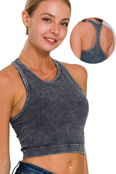 ....WASHED RIBBED SEAMLESS HIGH-NECK CROPPED TANK: S/M / MOCHA-162192