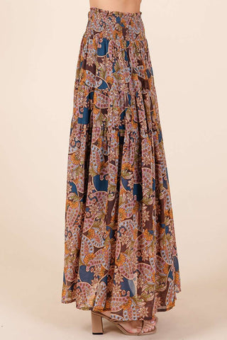 BOHO PAISLEY PRINT SMOCKED WAIST MAXI SKIRT: RED BROWN / L