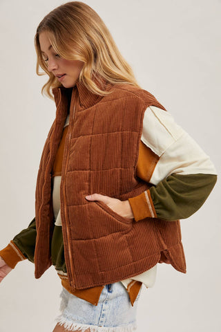 CORDUROY QUILTED PUFFER VEST: ECRU / M