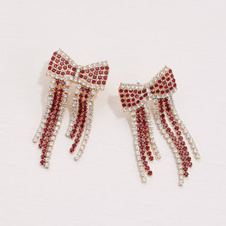 Bow Fringes Rhinestones Earrings: Burgundy/White / One / B5SE2177