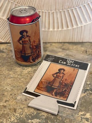 "Annie Oakley" Neoprene Can Sleeve: Packaged with a backing in a hanging cello bag.