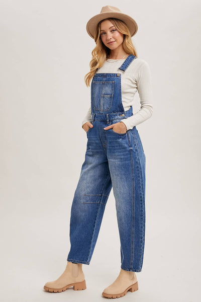 DENIM BARREL OVERALLS: DK.WASH / L