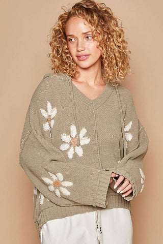 Hooded v-neck floral pattern ribbed openings sweater SALE: CHARCOAL / S