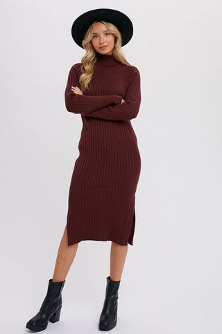 TURTLENECK RIBBED SWEATER MIDI DRESS: CHOCOLATE / S