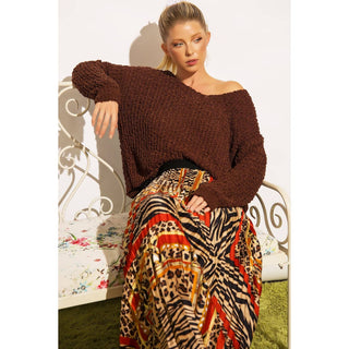 LOOSE POPCORN KNIT BOAT NECK PULLOVER