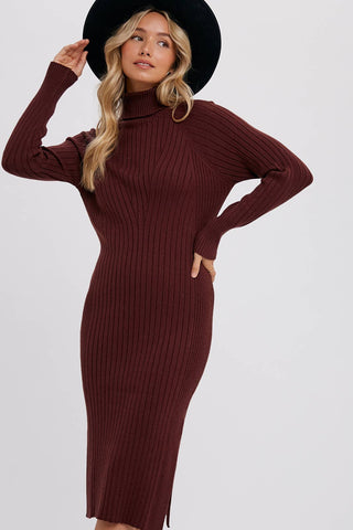 TURTLENECK RIBBED SWEATER MIDI DRESS: CHOCOLATE / S