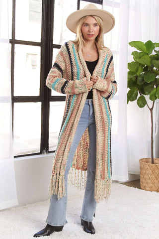 LESW3380- FRINGE HEM MULTI STRIPE CARDIGAN: BEIGE / M