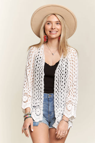 LET3546- CROCHET CARDIGAN WITH SCALLOP HEM: BEIGE / S/M