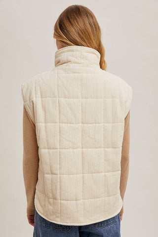 CORDUROY QUILTED PUFFER VEST: ECRU / M