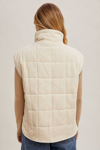 CORDUROY QUILTED PUFFER VEST: ECRU / S