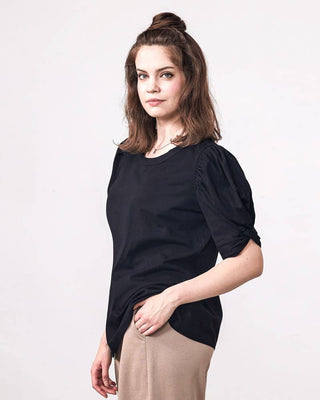 Knotted Puff Sleeve Cotton Knit Top -