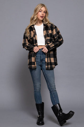 Long Sleeve Check Printed Fleece Shacket