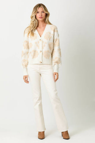 20429 Floral Button Down Cardigan: Cream / Large