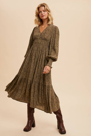 VISCOSE FLORAL BUTTON MAXI DRESS: OLIVE / S