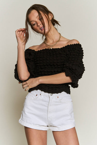 Bubble sleeve textured knit top (plus size available): S / BLACK