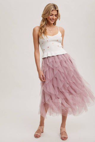 SPRIAL RUFFLED TULLE MIDI SKIRT: PLUM / M