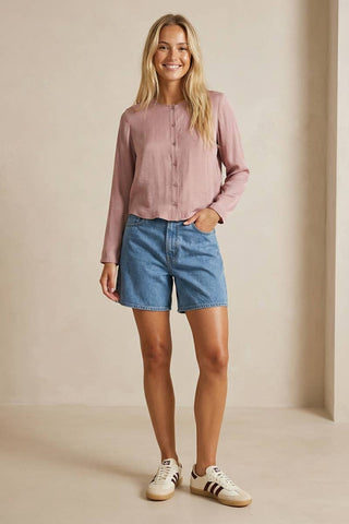 Cropped Button-up Blouse With Round Neckline