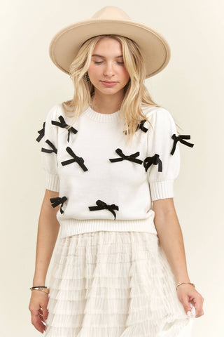 LESW3666 - LOVELY BOW SWEATER TOP: WHITE / L