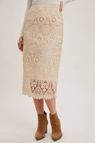 LACE MIDI SKIRT WITH INNER LINING: Beige / M