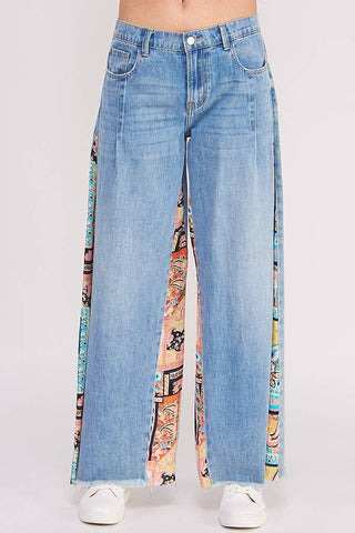 MID RISE PAISLEY PRINT PATCHWORK STRAIGHT LEG PANT: DENIM / L