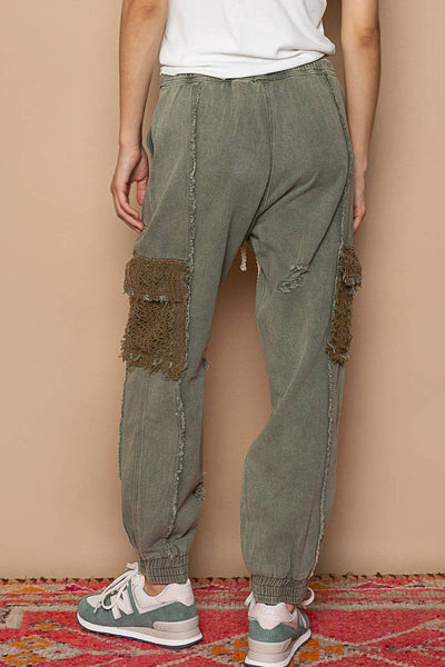 Tie waistband contrast crochet cargo pockets denim joggers: M / DENIM