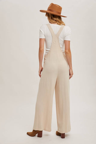 RELAXED WIDE LEG OVERALL JUMPSUIT: OATMEAL / L