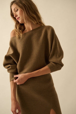 Rib-Knit One-Shoulder Dolman Midi Sweater Dress