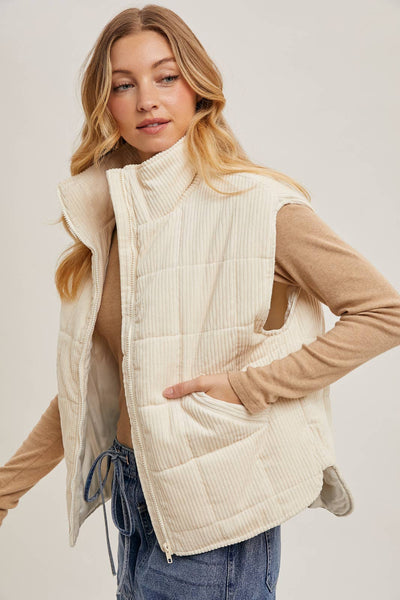 CORDUROY QUILTED PUFFER VEST: ECRU / S