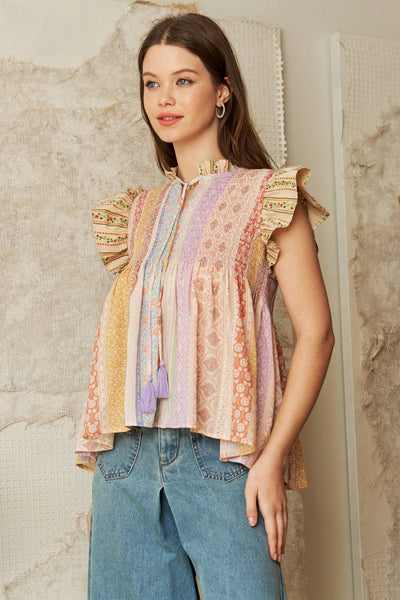 MIXED WALLPAPER PRINTED FLUTTER SLEEVE TOP: S / WINE MULTI
