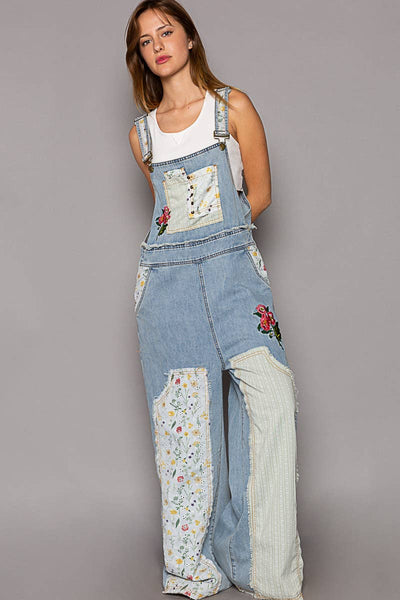 Floral patchwork embroidery overall: M / STRIPE DENIM