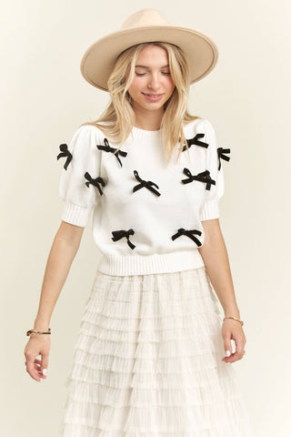 LESW3666 - LOVELY BOW SWEATER TOP: WHITE / M