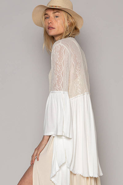 Vintage washed lace patches hi-lows solid open cardigan: L / OFF WHITE