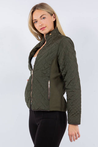 Quilted Classic Nylon Jacket with Faux Fur Lining: Olive / M