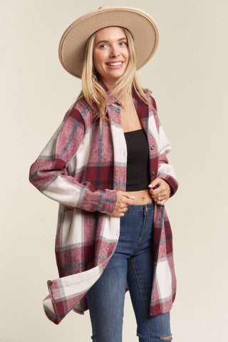 LEJ2587- PLAID SHACKET BUTTON DOWN SIDE POCKETS: PINK CHECK / M