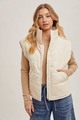 CORDUROY QUILTED PUFFER VEST: ECRU / M