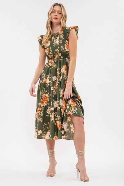 SMOCKED TIERED FLORAL MIDI DRESS: BLACK MULTI